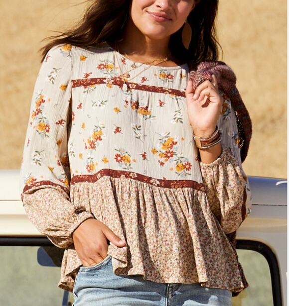 Maurices Tops - Maurices Boho Mixed Floral Tiered Peplum Blouse Balloon Sleeve Cottagecore XL